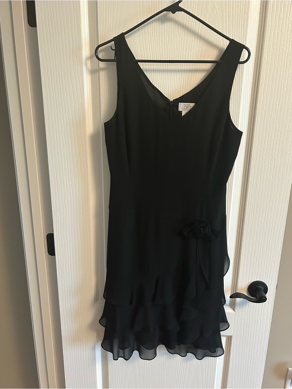 LOFT Black Sleeveless V-Neck Tiered Cocktail Dress with Rosette